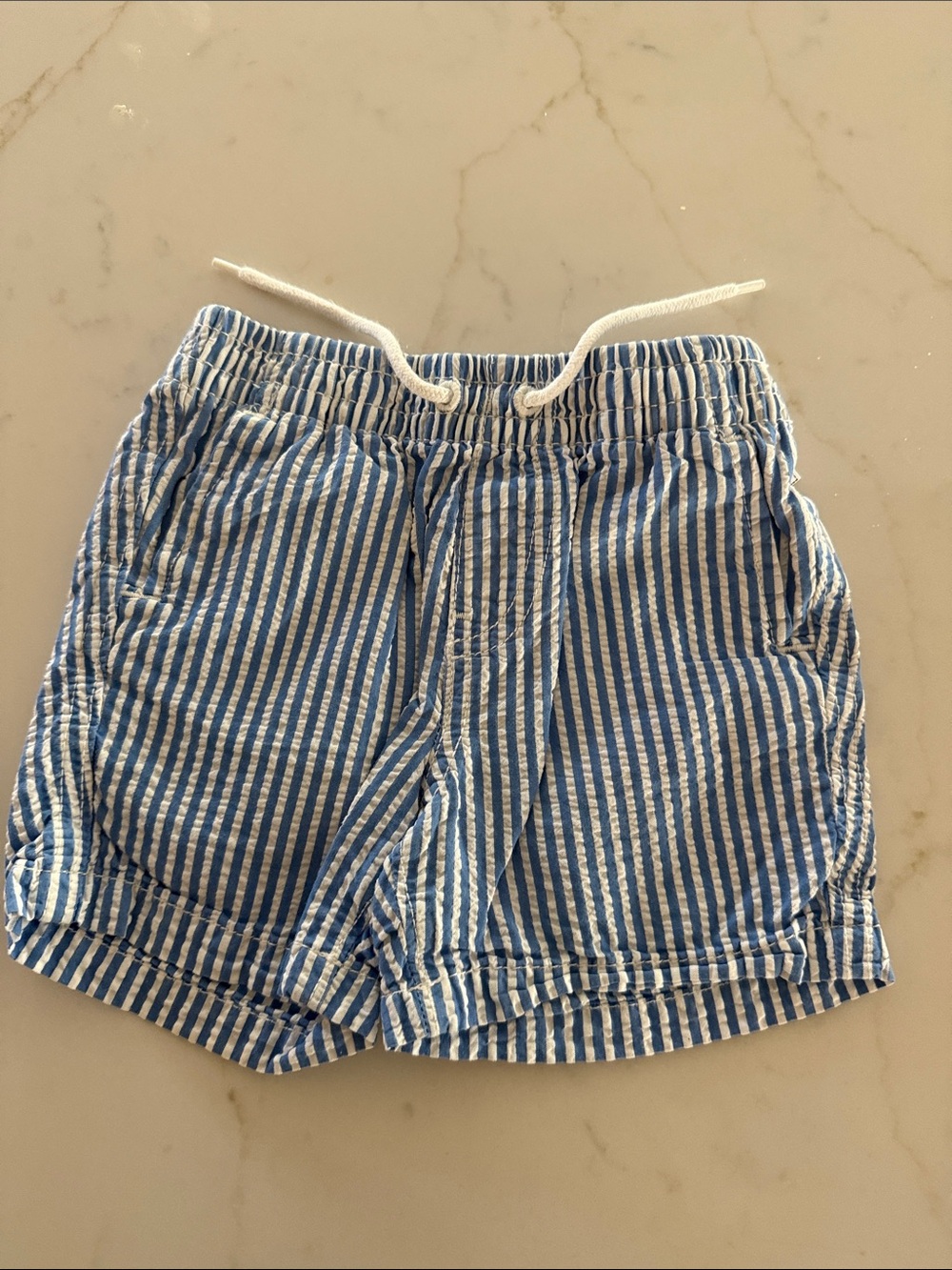 Blue and White Striped Drawstring Shorts